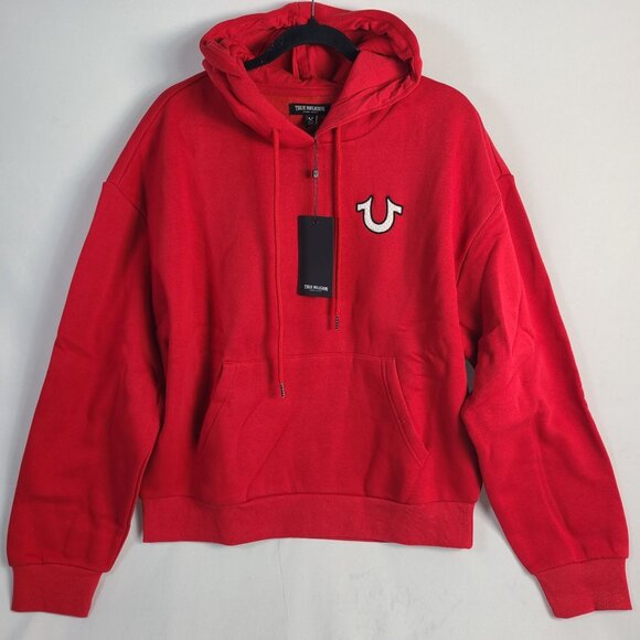 NWT True Religion World Tour Mesh Graphic Pullover Hoodie in Vibrant Red Sz M